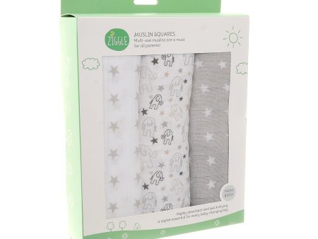 Ziggle Muslin Squares 3 Pack Grey and White on Sale