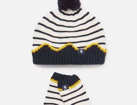 Joules Baby Crown Hat & Mittens Set, Cream Navy Stripes Fashion