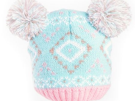 Baby Jacquard Knit Double Pom Pom Hat, Aqua Cheap